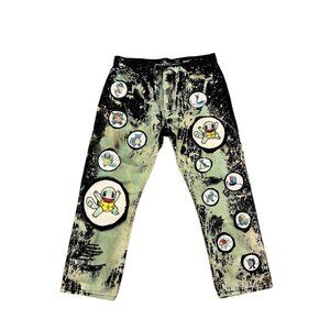 Hand-Painted Graphic Jeans With Pokemon-Themed Patches Green & Black Cotton Blen